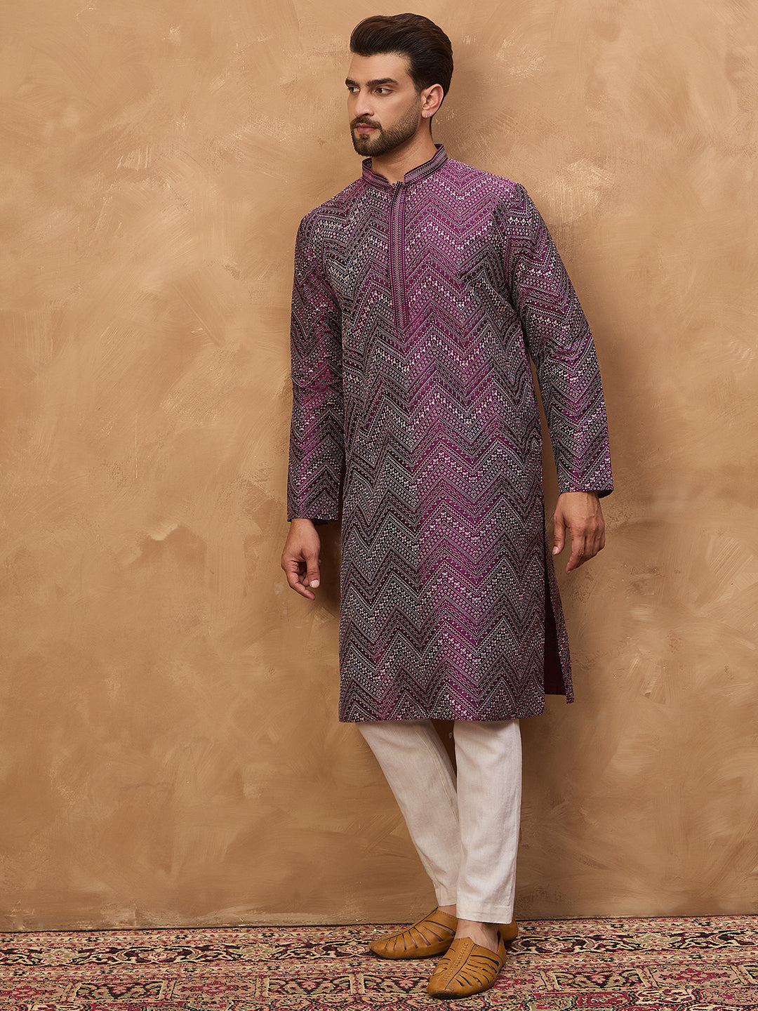 Ethnic Bay Men Purple Silk Blend Geometric Printed Straight Kurta-MKU1521