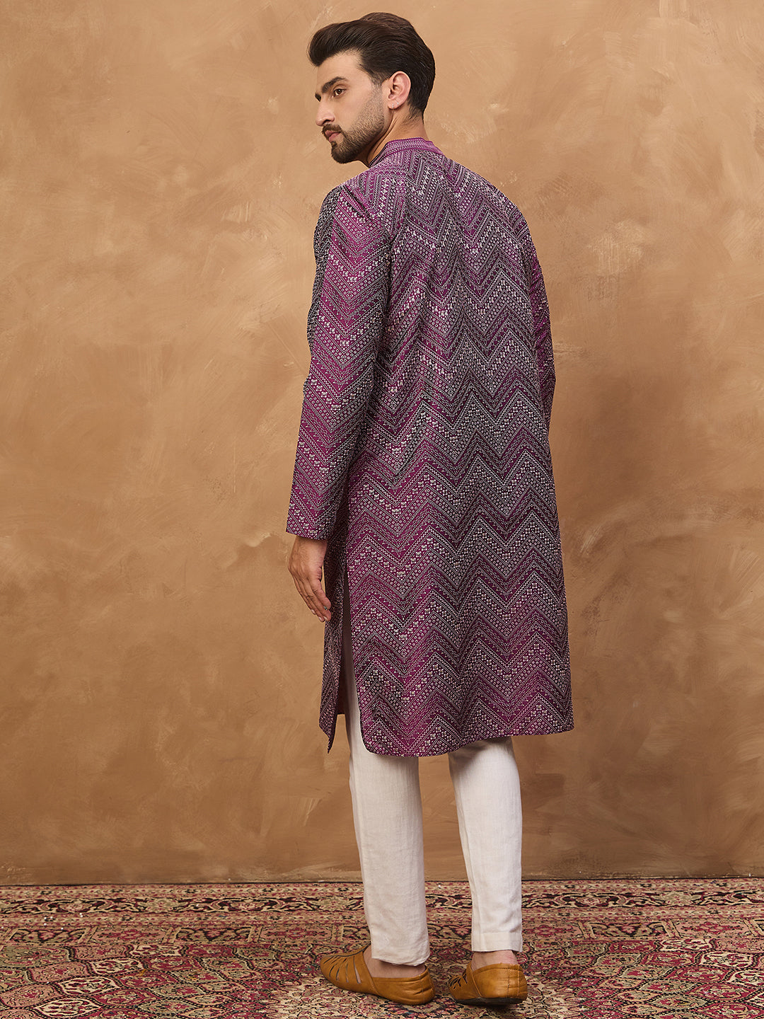 Ethnic Bay Men Purple Silk Blend Geometric Printed Straight Kurta-MKU1521
