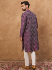 Ethnic Bay Men Purple Silk Blend Geometric Printed Straight Kurta-MKU1521