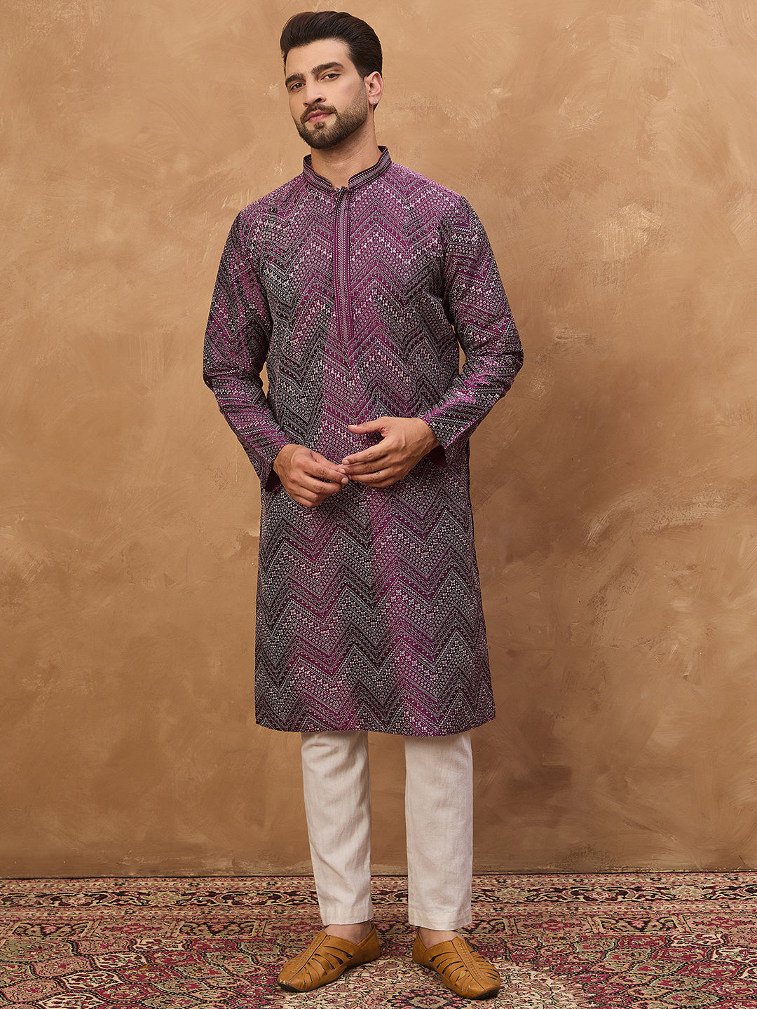 Ethnic Bay Men Purple Silk Blend Geometric Printed Straight Kurta-MKU1521