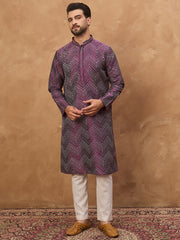 Ethnic Bay Men Purple Silk Blend Geometric Printed Straight Kurta-MKU1521