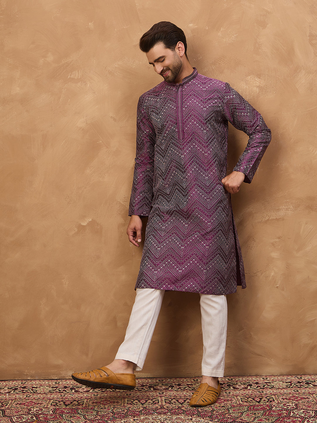 Ethnic Bay Men Purple Silk Blend Geometric Printed Straight Kurta-MKU1521