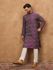 Ethnic Bay Men Purple Silk Blend Geometric Printed Straight Kurta-MKU1521
