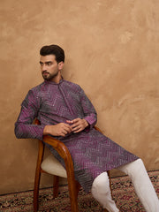 Ethnic Bay Men Purple Silk Blend Geometric Printed Straight Kurta-MKU1521