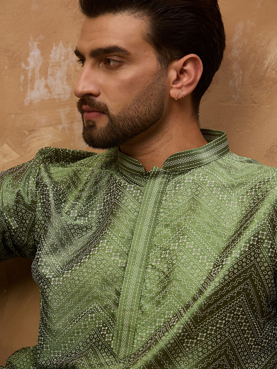 Ethnic Bay Men Green Silk Blend Geometric Printed Straight Kurta-MKU1522