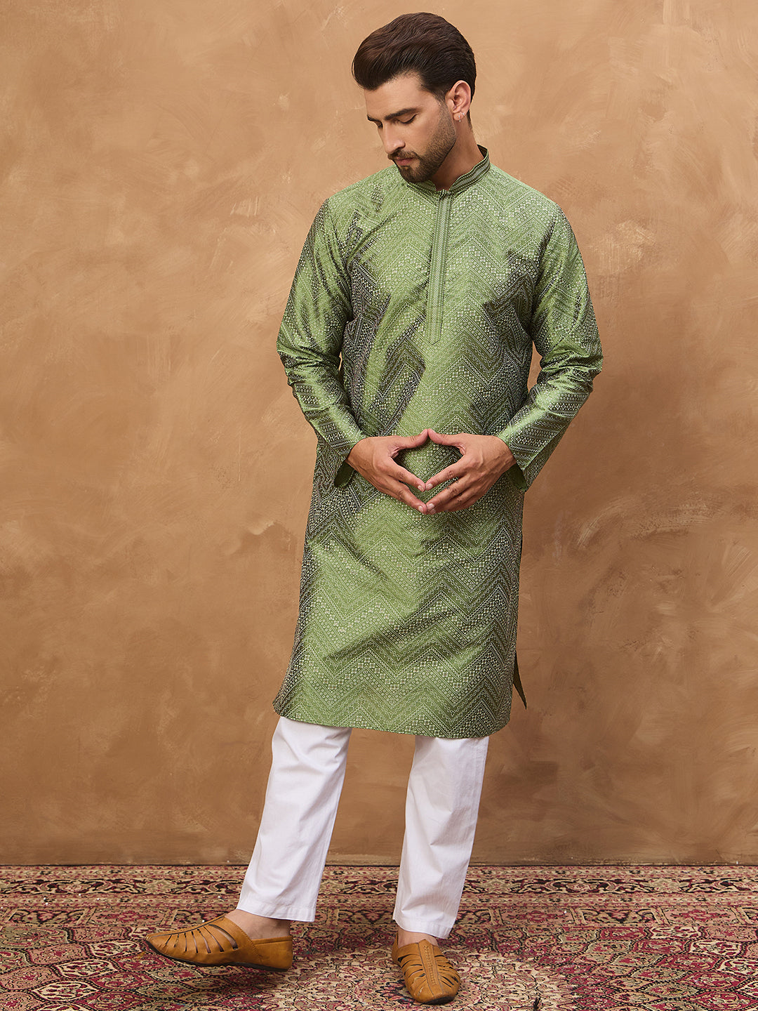 Ethnic Bay Men Green Silk Blend Geometric Printed Straight Kurta-MKU1522