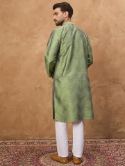 Ethnic Bay Men Green Silk Blend Geometric Printed Straight Kurta-MKU1522