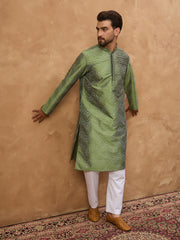 Ethnic Bay Men Green Silk Blend Geometric Printed Straight Kurta-MKU1522