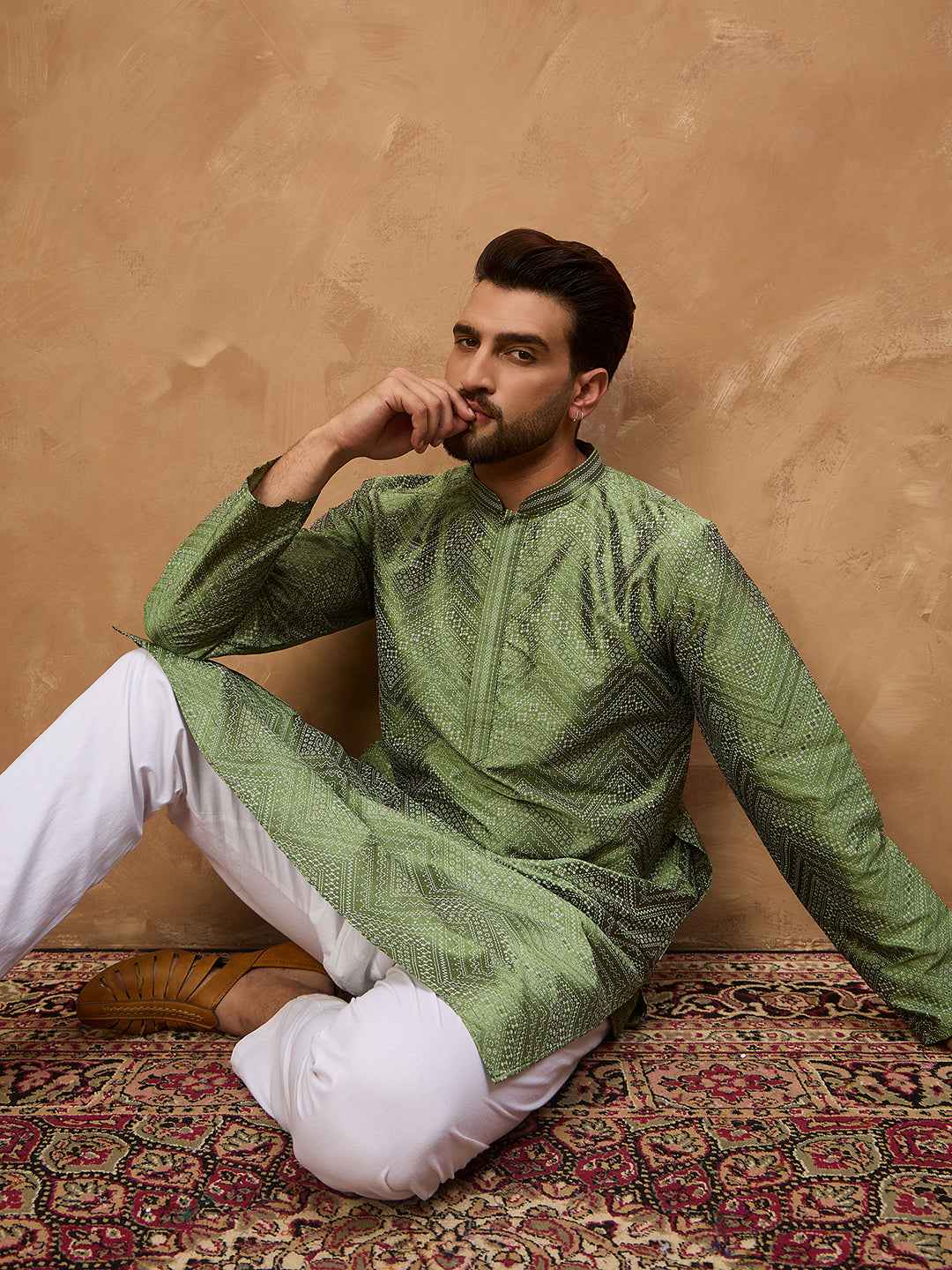 Ethnic Bay Men Green Silk Blend Geometric Printed Straight Kurta-MKU1522