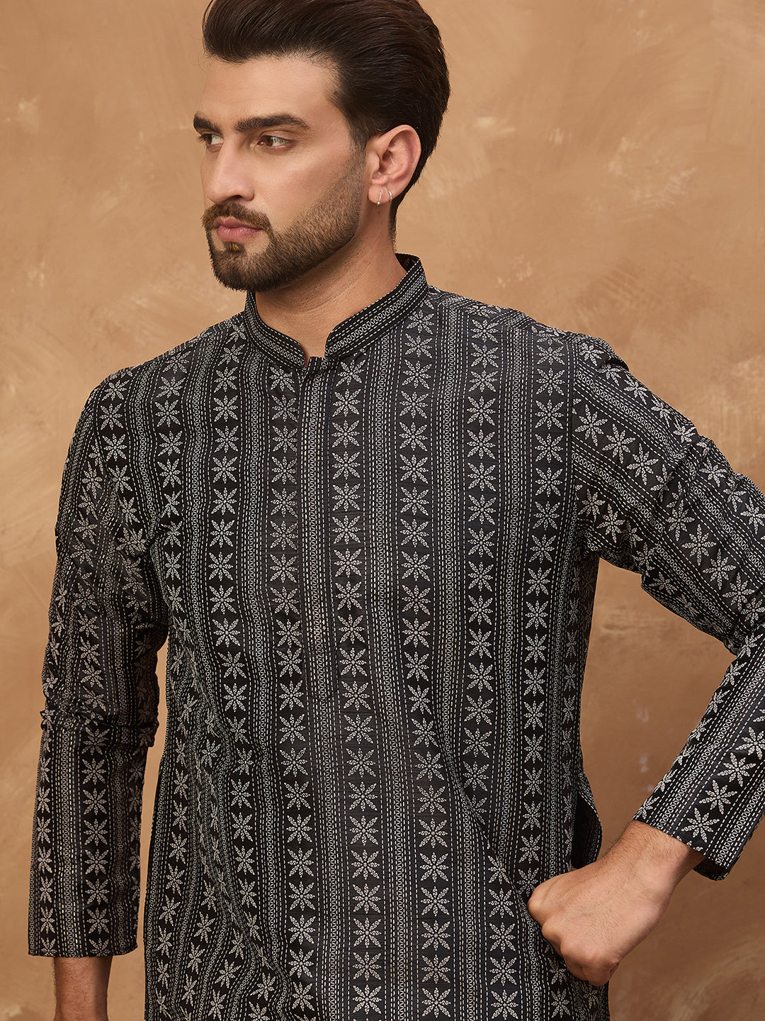 Ethnic Bay Men Black Silk Blend Geometric Printed Straight Kurta-MKU1523