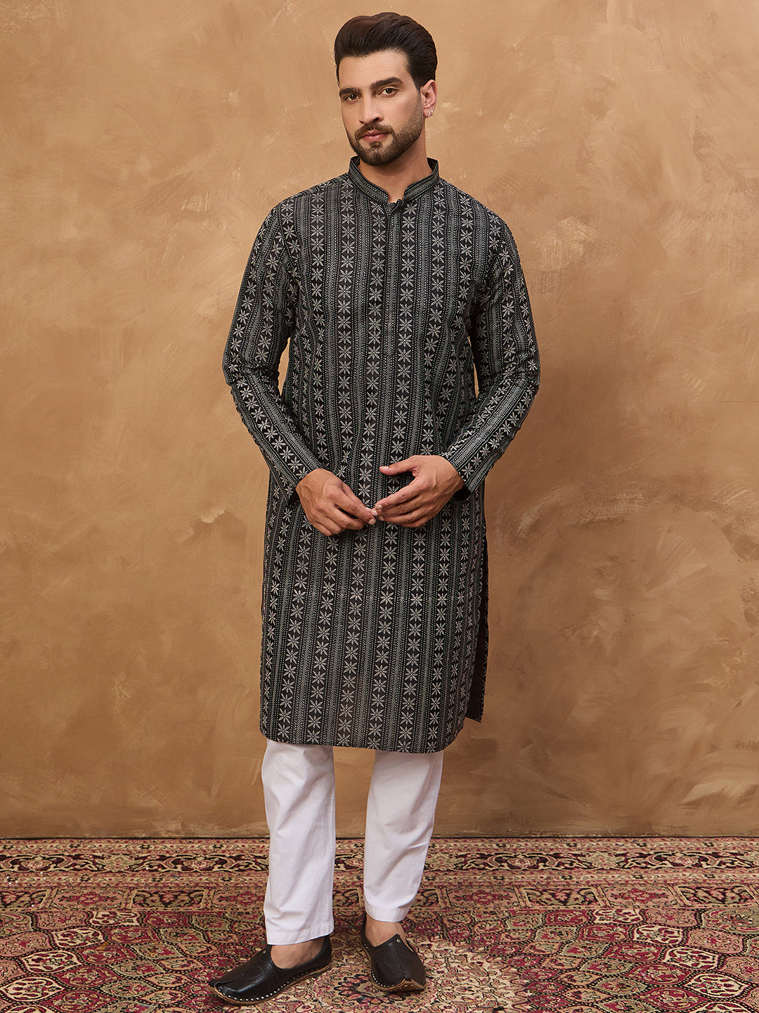 Ethnic Bay Men Black Silk Blend Geometric Printed Straight Kurta-MKU1523