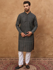 Ethnic Bay Men Black Silk Blend Geometric Printed Straight Kurta-MKU1523