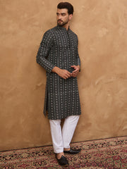 Ethnic Bay Men Black Silk Blend Geometric Printed Straight Kurta-MKU1523
