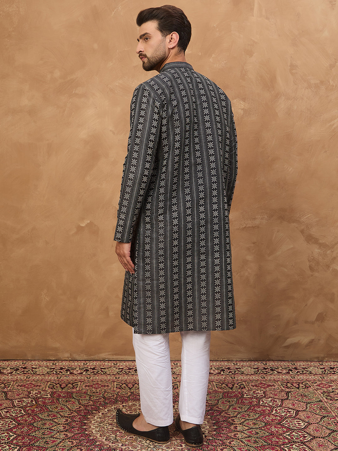 Ethnic Bay Men Black Silk Blend Geometric Printed Straight Kurta-MKU1523