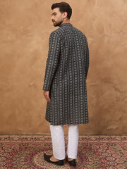 Ethnic Bay Men Black Silk Blend Geometric Printed Straight Kurta-MKU1523
