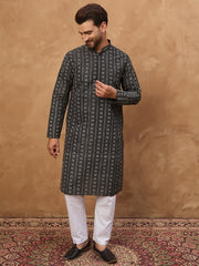 Ethnic Bay Men Black Silk Blend Geometric Printed Straight Kurta-MKU1523