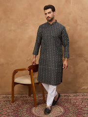 Ethnic Bay Men Black Silk Blend Geometric Printed Straight Kurta-MKU1523
