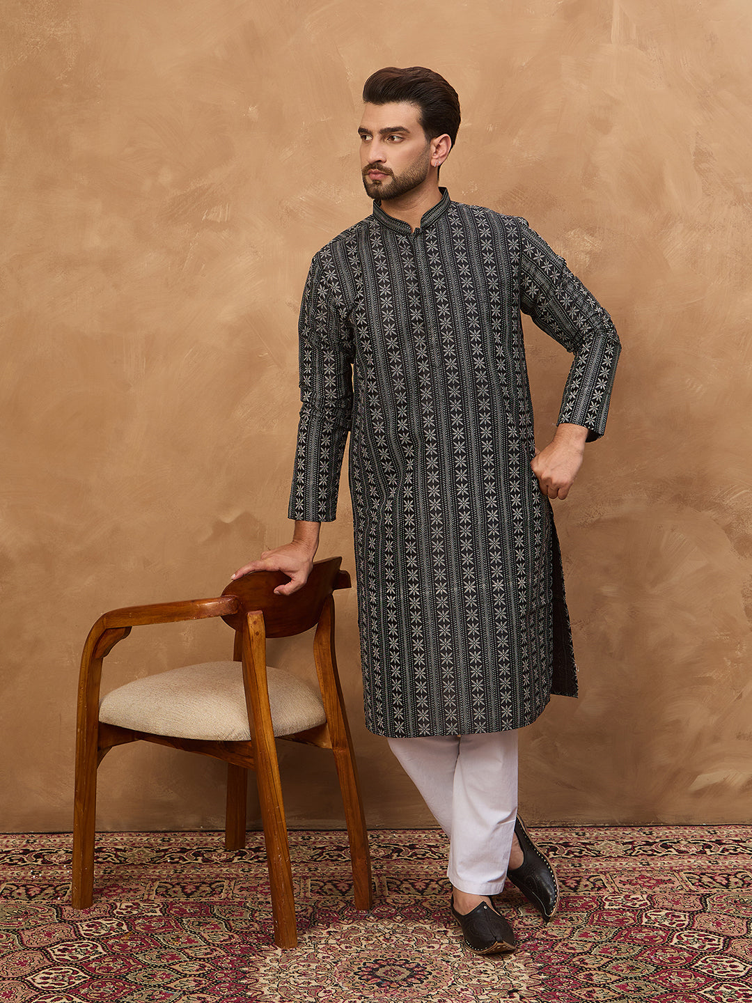 Ethnic Bay Men Black Silk Blend Geometric Printed Straight Kurta-MKU1523