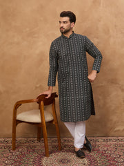 Ethnic Bay Men Black Silk Blend Geometric Printed Straight Kurta-MKU1523