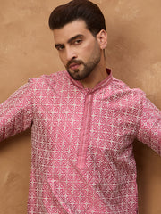 Ethnic Bay Men Pink Silk Blend Ethnic Motifs Printed Straight Kurta-MKU1525