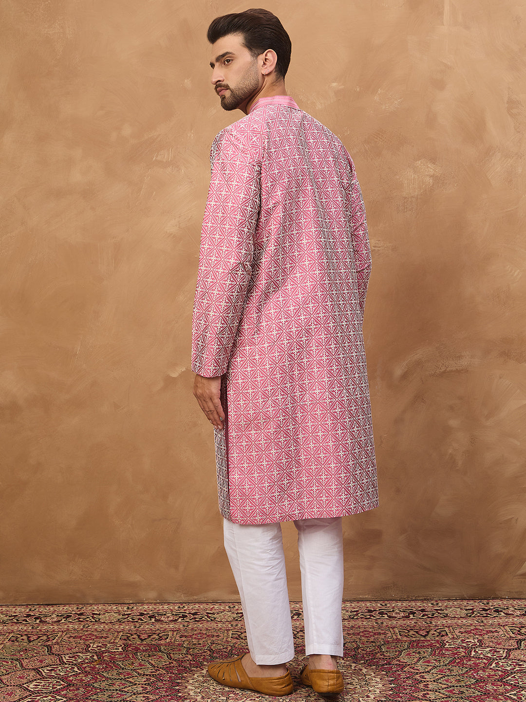 Ethnic Bay Men Pink Silk Blend Ethnic Motifs Printed Straight Kurta-MKU1525