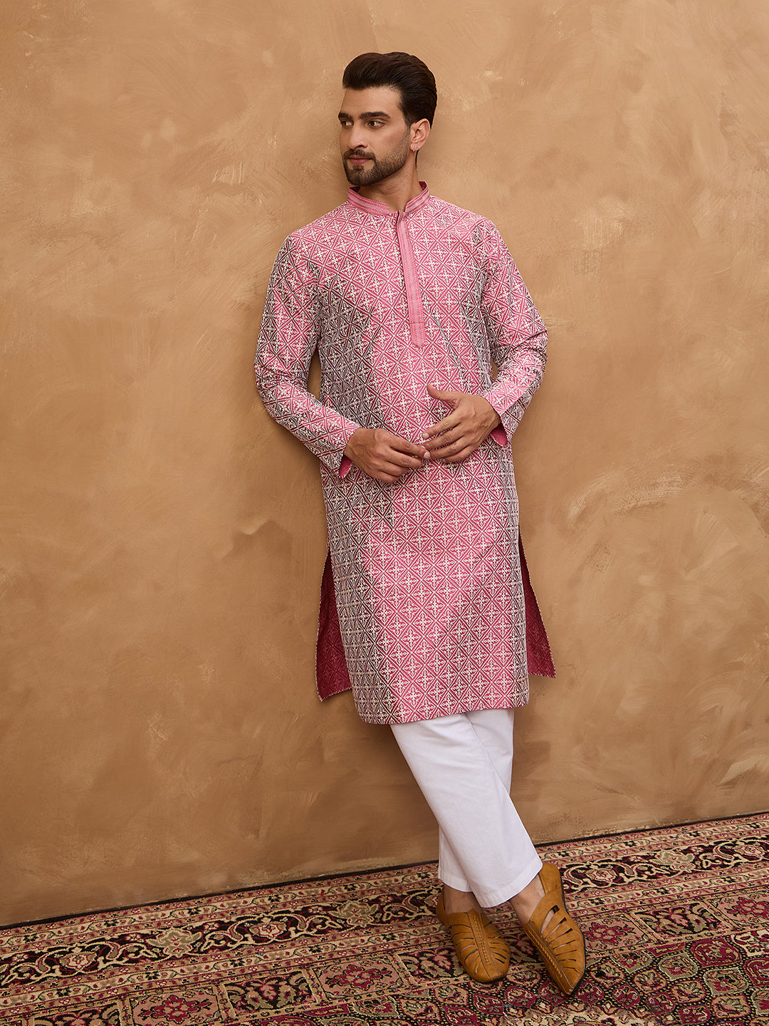 Ethnic Bay Men Pink Silk Blend Ethnic Motifs Printed Straight Kurta-MKU1525