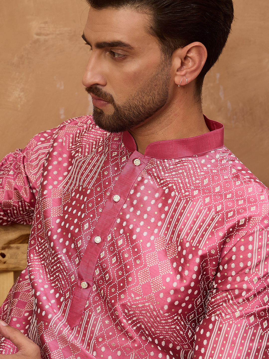 Ethnic Bay Men Pink Silk Blend Geometric Printed Straight Kurta-MKU1526