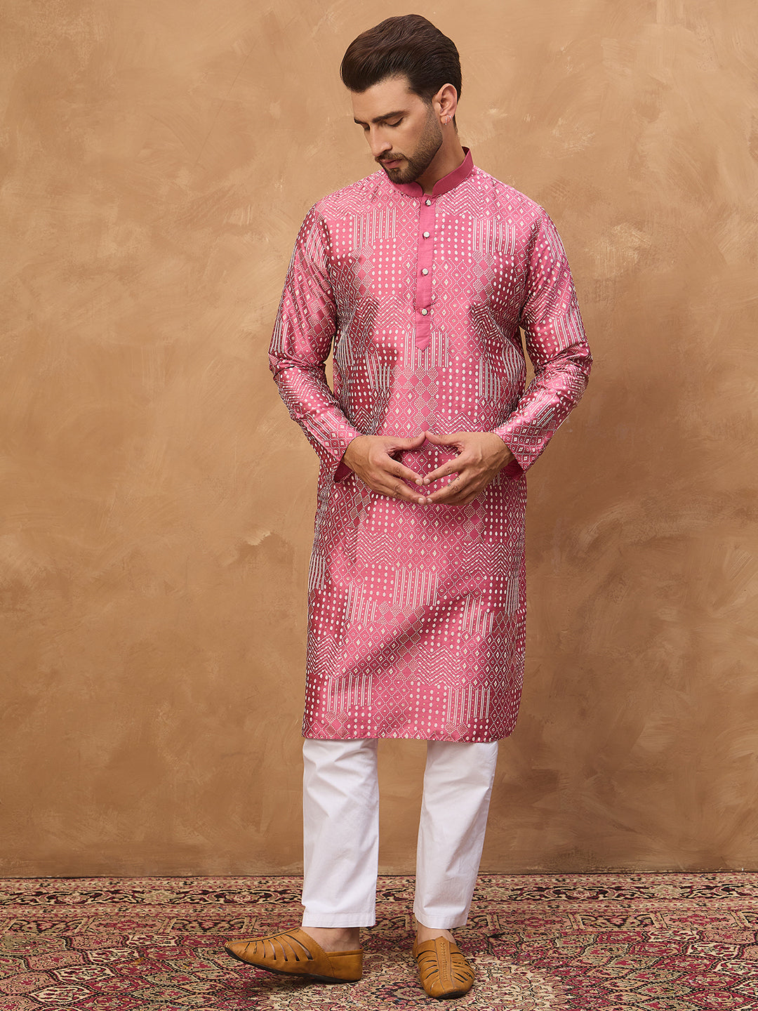 Ethnic Bay Men Pink Silk Blend Geometric Printed Straight Kurta-MKU1526