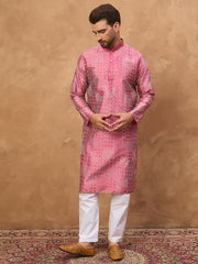 Ethnic Bay Men Pink Silk Blend Geometric Printed Straight Kurta-MKU1526