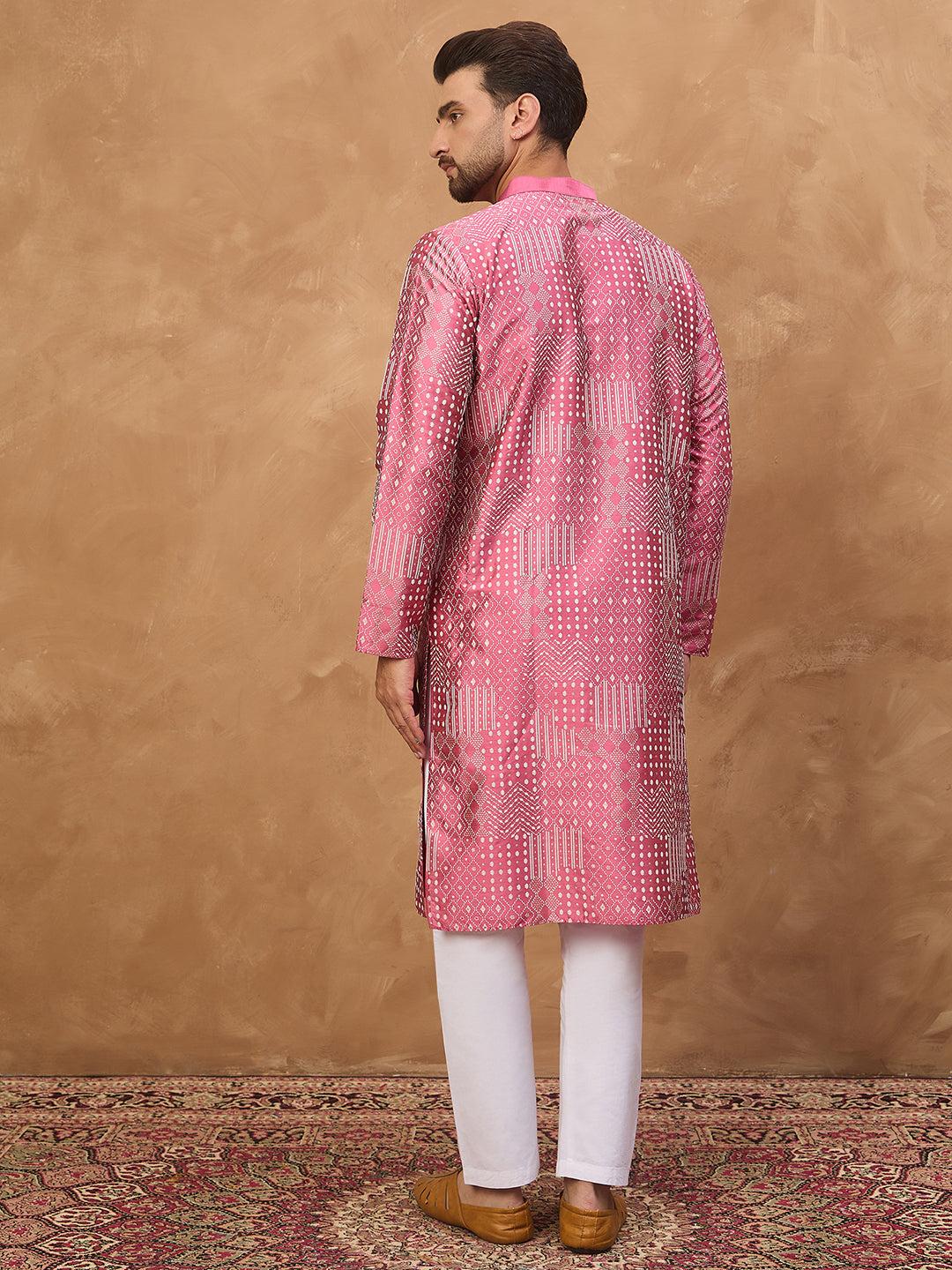 Ethnic Bay Men Pink Silk Blend Geometric Printed Straight Kurta-MKU1526