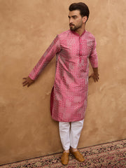 Ethnic Bay Men Pink Silk Blend Geometric Printed Straight Kurta-MKU1526