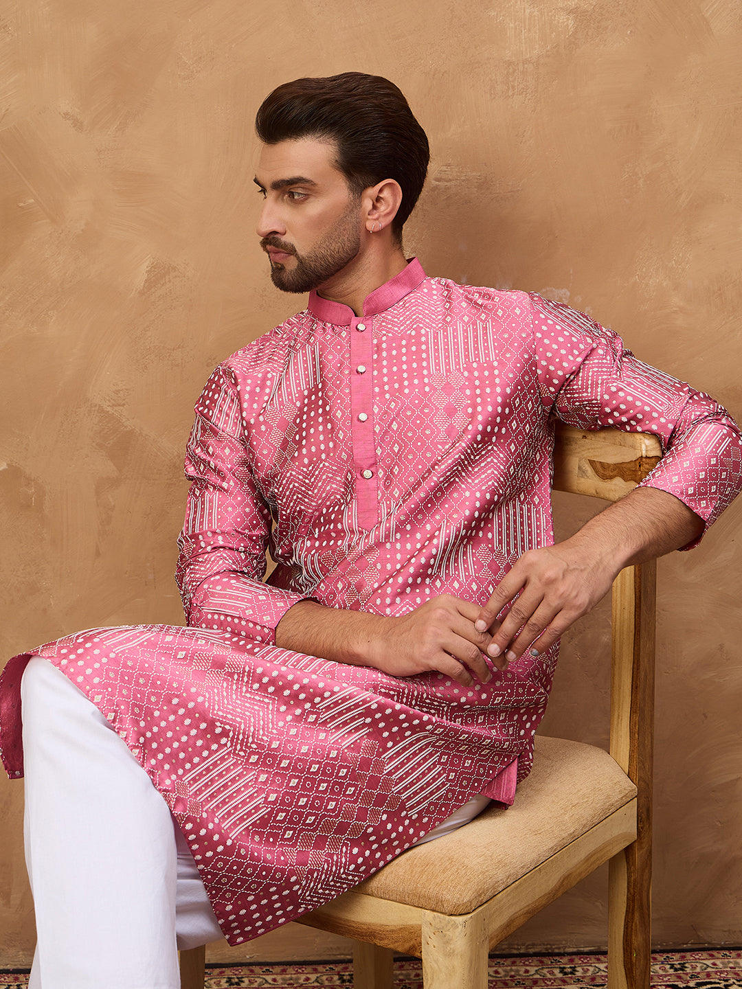 Ethnic Bay Men Pink Silk Blend Geometric Printed Straight Kurta-MKU1526