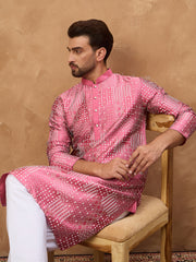 Ethnic Bay Men Pink Silk Blend Geometric Printed Straight Kurta-MKU1526