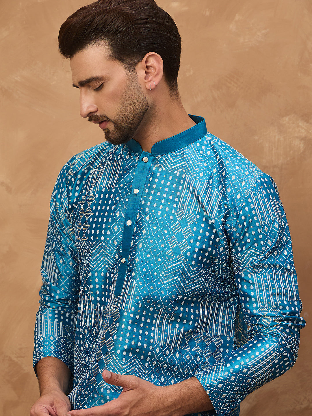 Ethnic Bay Men Blue Silk Blend Geometric Printed Straight Kurta-MKU1527
