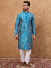 Ethnic Bay Men Blue Silk Blend Geometric Printed Straight Kurta-MKU1527