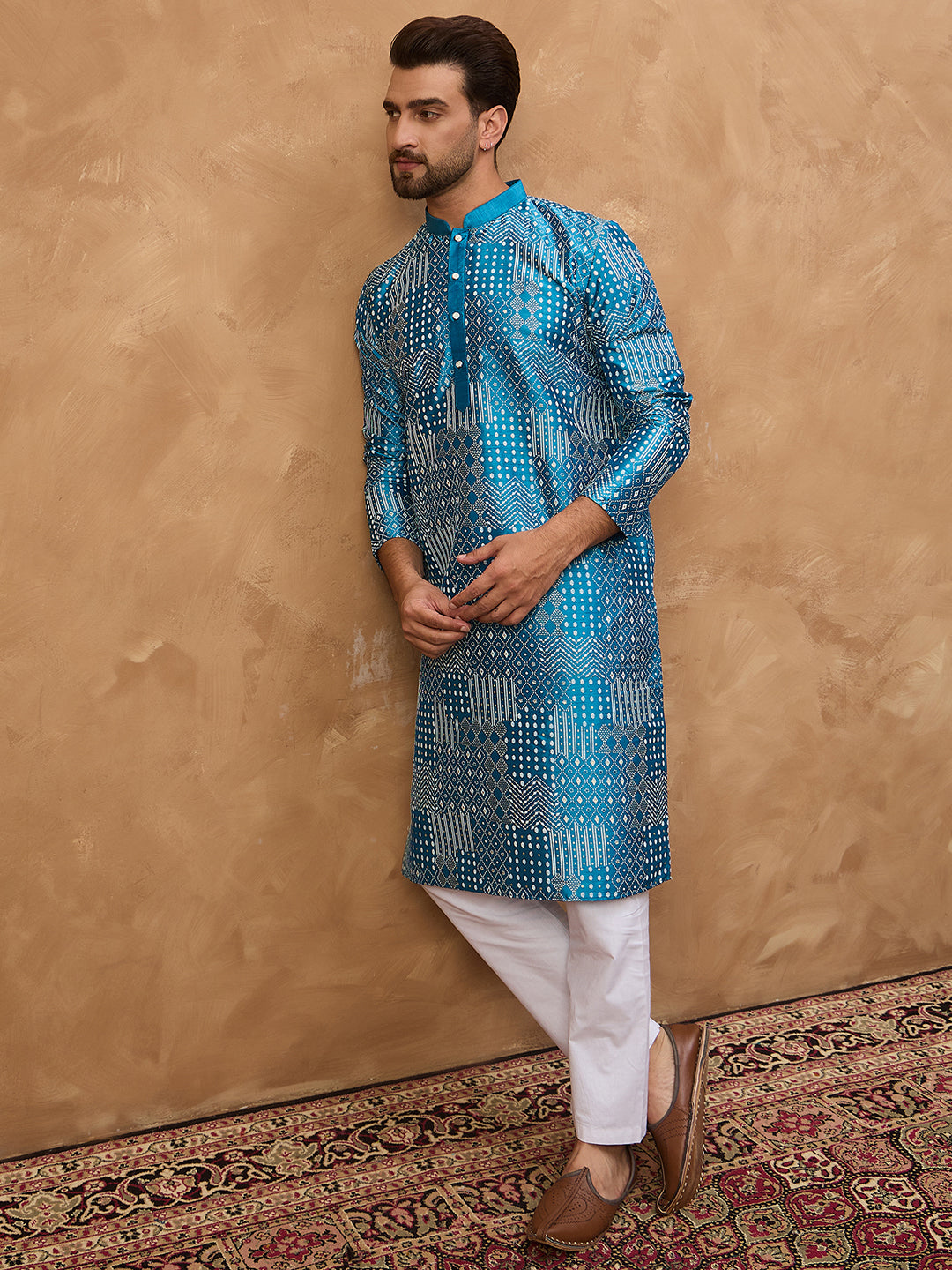 Ethnic Bay Men Blue Silk Blend Geometric Printed Straight Kurta-MKU1527