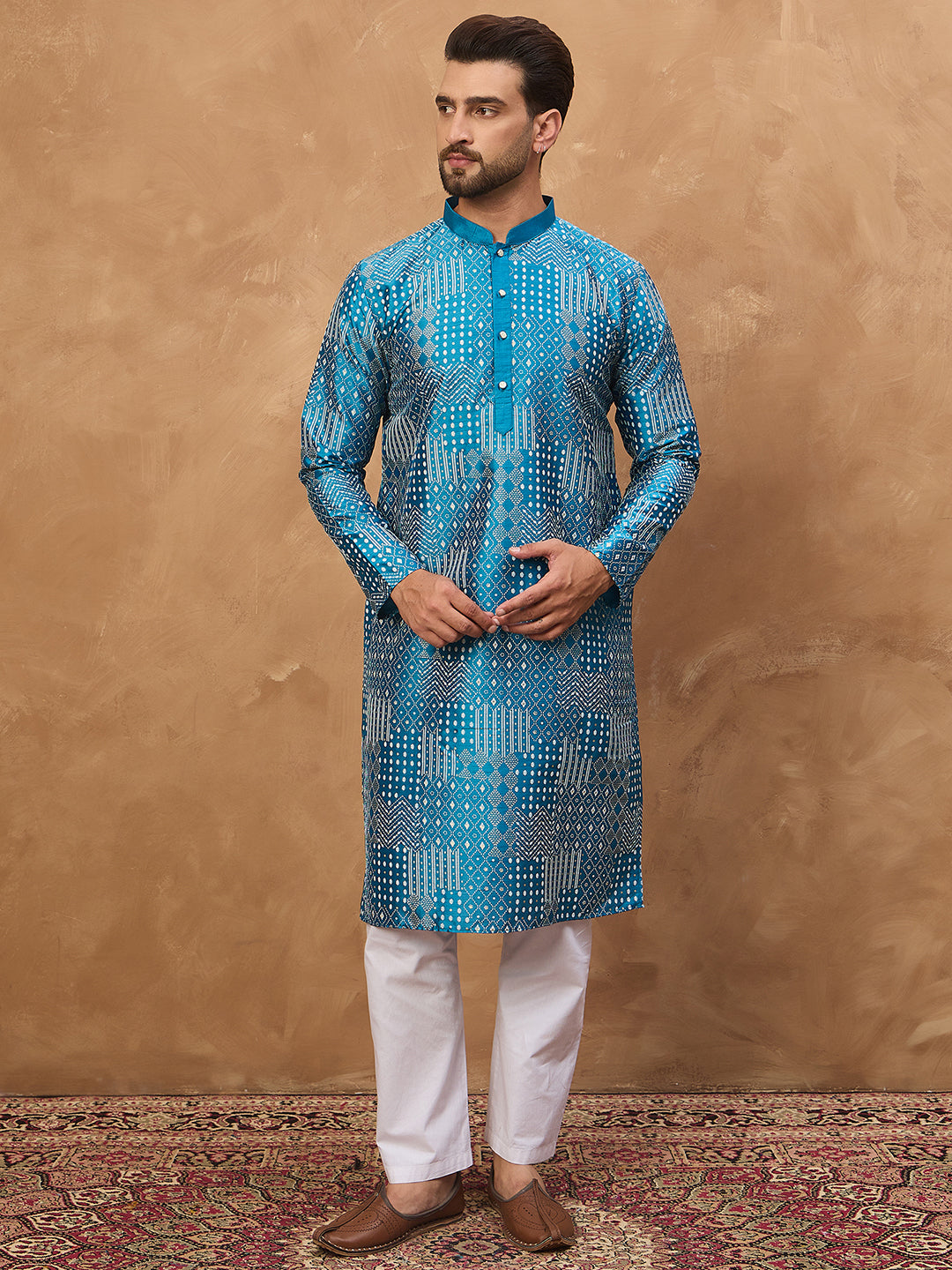 Ethnic Bay Men Blue Silk Blend Geometric Printed Straight Kurta-MKU1527