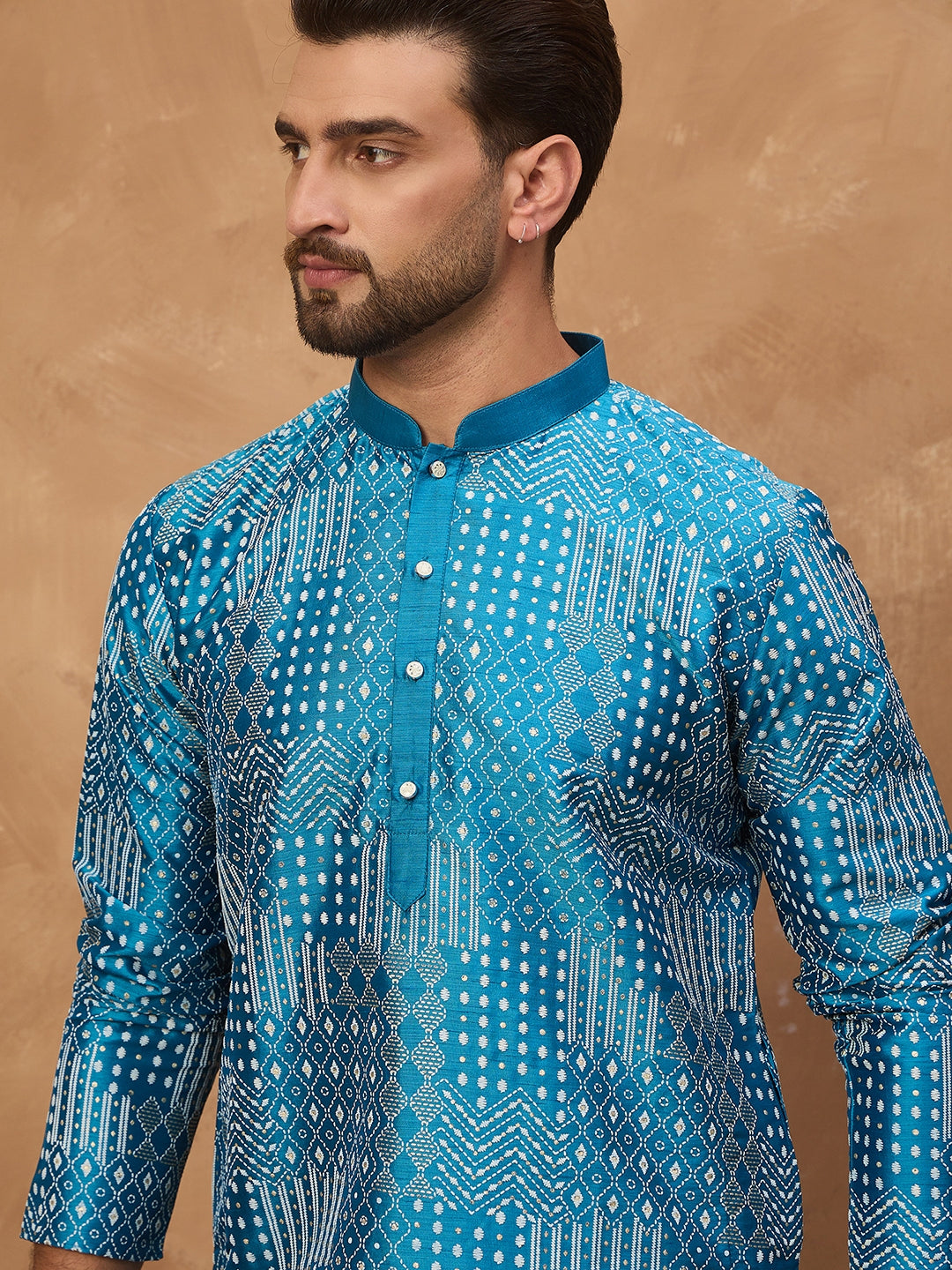Ethnic Bay Men Blue Silk Blend Geometric Printed Straight Kurta-MKU1527