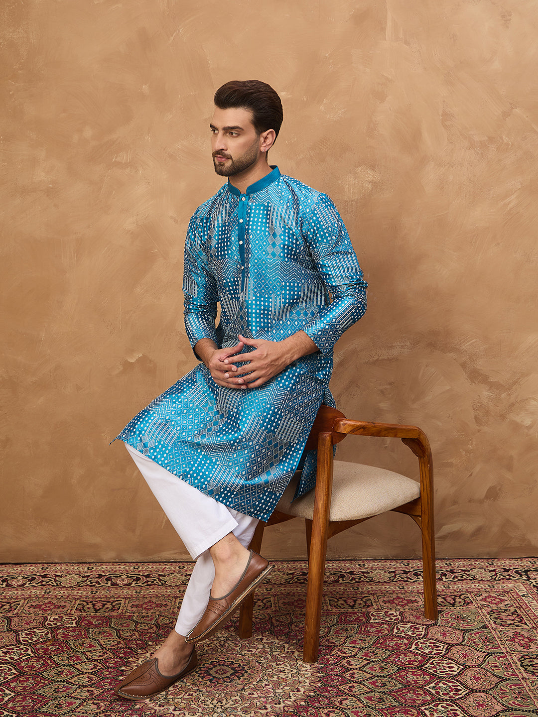 Ethnic Bay Men Blue Silk Blend Geometric Printed Straight Kurta-MKU1527