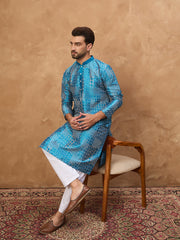 Ethnic Bay Men Blue Silk Blend Geometric Printed Straight Kurta-MKU1527