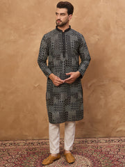 Ethnic Bay Men Black Silk Blend Geometric Printed Straight Kurta-MKU1528