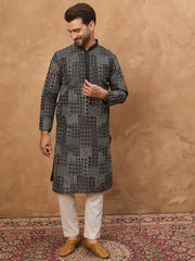 Ethnic Bay Men Black Silk Blend Geometric Printed Straight Kurta-MKU1528