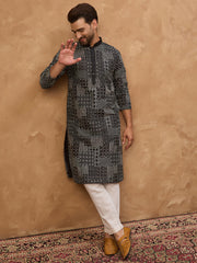 Ethnic Bay Men Black Silk Blend Geometric Printed Straight Kurta-MKU1528