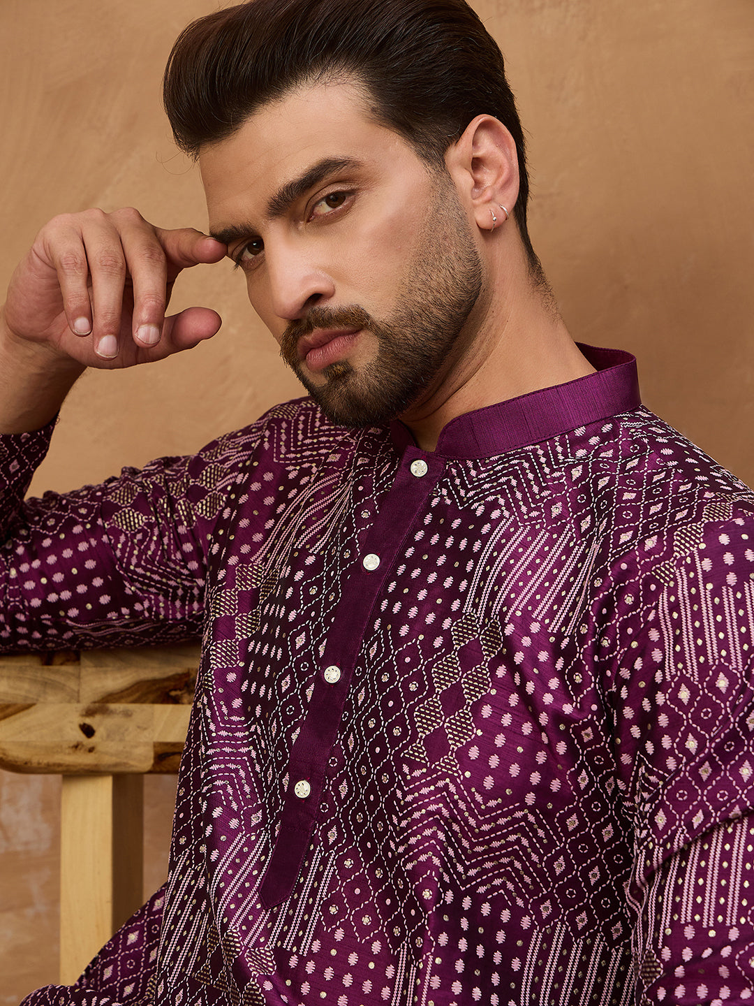 Ethnic Bay Men Purple Silk Blend Geometric Printed Straight Kurta-MKU1529