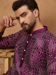 Ethnic Bay Men Purple Silk Blend Geometric Printed Straight Kurta-MKU1529