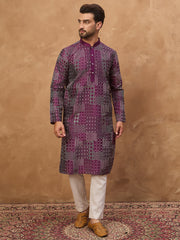Ethnic Bay Men Purple Silk Blend Geometric Printed Straight Kurta-MKU1529