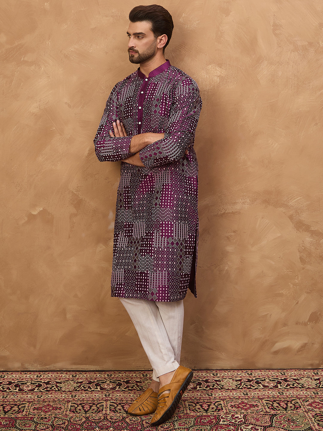 Ethnic Bay Men Purple Silk Blend Geometric Printed Straight Kurta-MKU1529