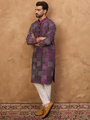 Ethnic Bay Men Purple Silk Blend Geometric Printed Straight Kurta-MKU1529