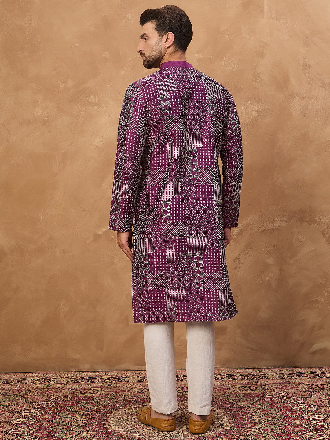 Ethnic Bay Men Purple Silk Blend Geometric Printed Straight Kurta-MKU1529