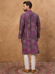 Ethnic Bay Men Purple Silk Blend Geometric Printed Straight Kurta-MKU1529